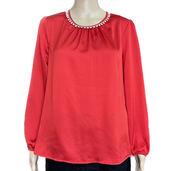 Liz Claiborne Career Petite True Red Jeweled Diamond Collar Blouse Size Medium - Picture 2 of 6
